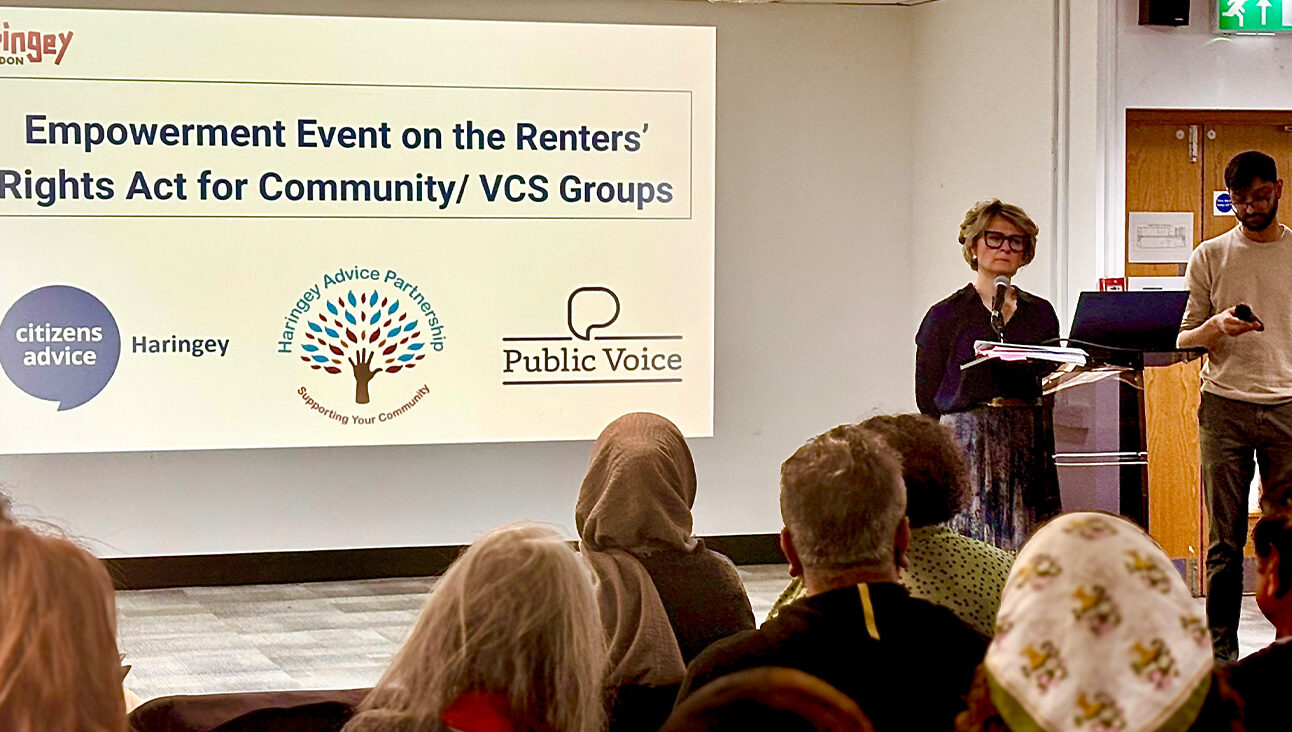One of the speakers speaking onstage at the Renters Rights Advice Day